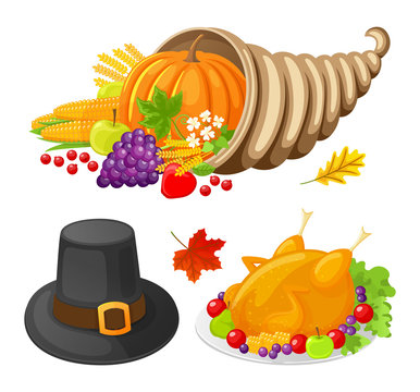Pumpkin and Turkey Cooked Meat Icons Set Vector