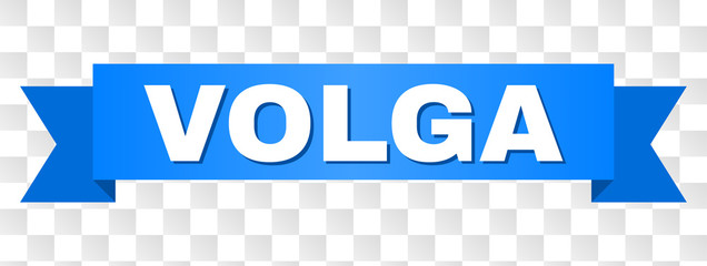 VOLGA text on a ribbon. Designed with white caption and blue stripe. Vector banner with VOLGA tag on a transparent background.
