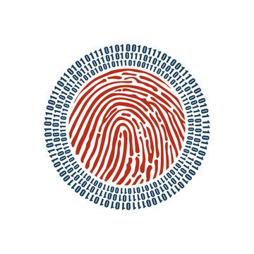Digital fingerprint and binary one and zero digits in circle around it. cyber security concept. digital circle. vector illustration isolated on white background.