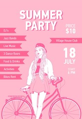 Flyer or poster template with young woman dressed in trendy clothes leaning her back on city bike drawn with contour lines on pink background. Vector illustration for summer party promo, advertising.
