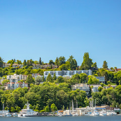 Fototapeta premium Seattle coastal houses and boats in Union Lake