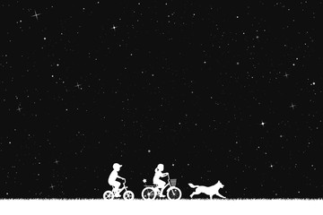 Children on bicycles and running dog in park at night. Vector illustration with silhouettes of boy and girl on bikes under starry sky. Inverted black and white