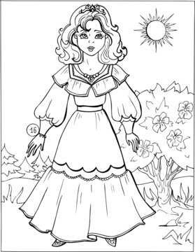 Fashion parade. Coloring the Beautiful Princess. Vector illustration. Coloring  book, lady, girl 16