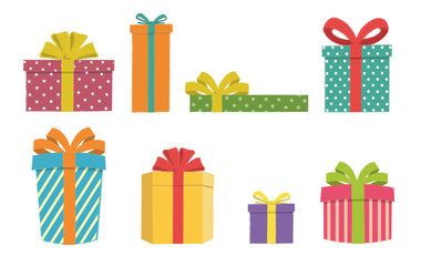 Colorful and varied gift boxes set on a white background