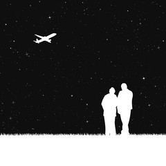 Old lovers and flying aircraft in park at night. Vector illustration with silhouette of elderly couple under starry sky. Inverted black and white