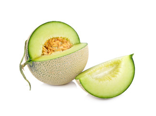 cut ripe sweet honeydew green melon on white background