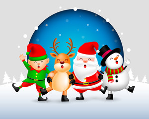 Funny Christmas Characters design on snow background, Santa Claus, Snowman, elf and Reindeer. Merry Christmas and Happy new year concept. Illustration isolated on blue background.