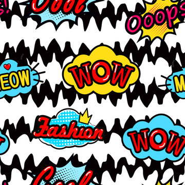 Abstract seamless patch pattern for girls, boys, clothes. Creative vector patch background with stickers, speach bubble. Funny bubble patch pattern wallpaper for textile. Fashion pattern pop art style