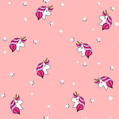 Obraz premium Seamless pattern with unicorn, Pegasus, pony head and stars.Cute, lovely magic background.Fantasy wallpaper. Vector illustration.Vector comic print in pop retro artstyle. Abstract background for girls