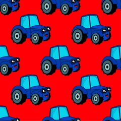 Fototapete Autorennen Niedliches Kinderautomuster für Mädchen und Jungen. Buntes Auto, Traktor auf dem abstrakten Hintergrund schaffen eine lustige Cartoon-Zeichnung. Das Automuster ist in Neonfarben gehalten. Urbane Kulisse für Textil und Stoff