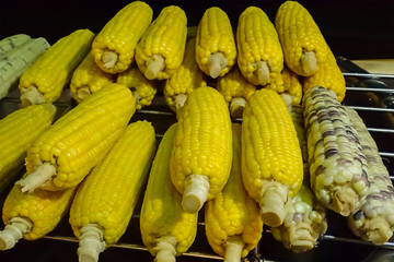 corn group boiled yellow white black grains fast tasty snack street market Thailand