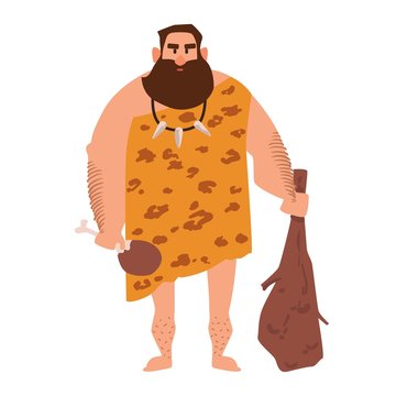 Primitive archaic man dressed in clothes made of animal skin and holding cudgel. Caveman from Stone Age. Male character isolated on white background. Colored vector illustration in flat cartoon style.
