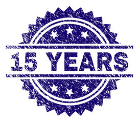 15 YEARS stamp seal watermark with distress style. Blue vector rubber print of 15 YEARS caption with unclean texture.