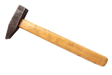 Old sledge hammer with wooden handle on a white