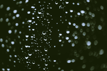 Dirty window glass with drops of rain. Atmospheric green background with raindrops in bokeh. Droplets and stains close up. Detailed transparent texture in macro with copy space. Rainy weather.