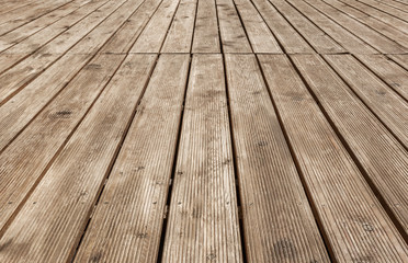 Brown plank wooden floor texture perspective background, top view, copy space - 237572594