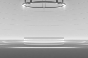 Futuristic round pedestal or platform with Chandelier. Blank product poduim or stand. Future empty stage with glow light. Future background. 3d rendering
