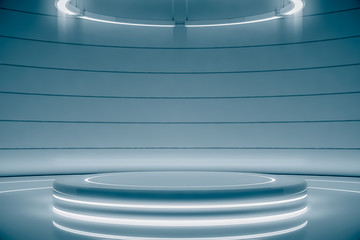 Futuristic round pedestal or platform with Chandelier. Blank product poduim or stand. Future empty stage with glow light. Future background. 3d rendering