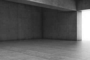 Empty abstract concrete room with the gate and glowing light. Interior concept background. 3d illustration