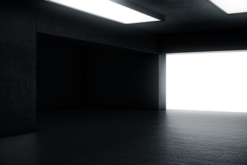 Empty dark abstract concrete room with the gate and glowing light. Interior concept background. 3d illustration