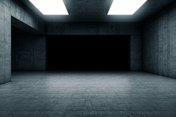 Empty dark abstract concrete room with the gate. Interior concept background. 3d illustration
