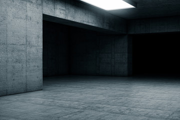 Empty dark abstract concrete room with the gate. Interior concept background. 3d illustration