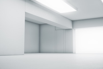 Fototapeta premium Empty abstract white room with the gate and glowing light. Interior concept background. 3d illustration