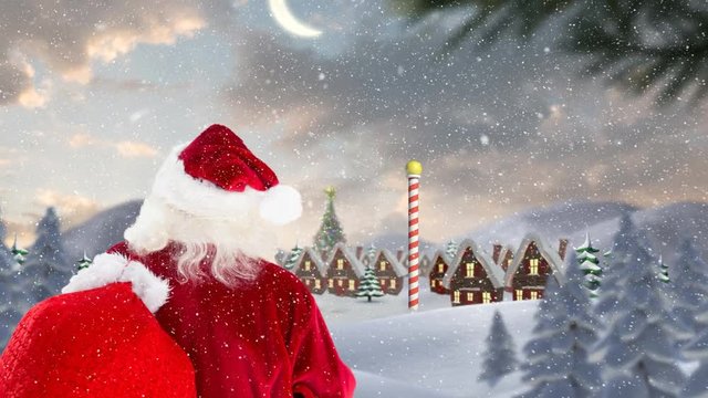 Santa clause in front of decorated houses combined with falling snow