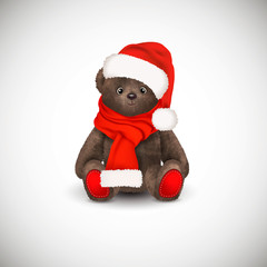Sitting fluffy cute brown teddy bear with christmas santa claus hat a red long scarf. Children's toy isolated on white background. Realistic vector illustration
