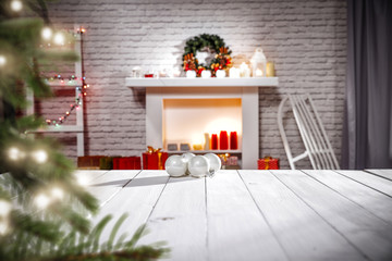 Table background with free space and fireplace decoration 