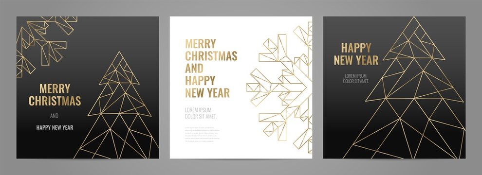 Luxury christmas party Invitation template with gold frame and black background. Geometric shape.