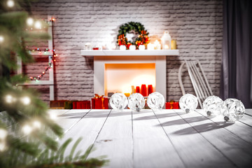 Table background with free space and fireplace decoration 