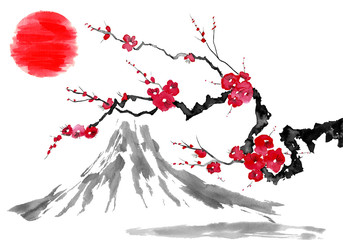 Oriental  traditional sumi-e painting. Fuji mountain, blossom sakura,  sunset. Japan sun. Watercolor and ink illustration