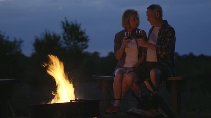 Loving Caucasian American male and female seniors relaxing near campfire toasting with red wine at the night - Powered by Adobe
