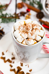 Christmas and New Year Background with Hot Cocoa with Marshmallows. Selective focus.