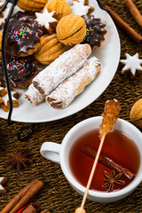 Assorted Mixed Cookies Dessert with Tea. Selective focus.