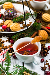 Christmas Background Tea Time. Selective focus.