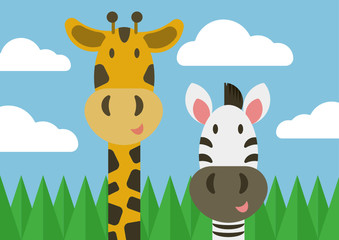 vector illustration of zebra and giraffe in grass field on blue sky background.