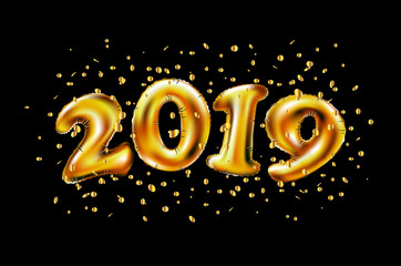 vector 2019. Inflatable Gold Numbers on the Background of the Black Stone Wall New Year