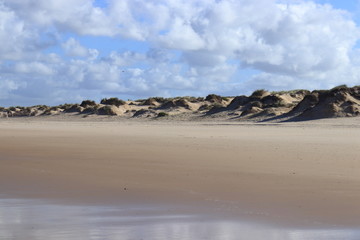 Fototapeta na wymiar Sand with dunes in the foreground and sky with gray clouds, Peniche