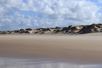 Fototapeta na wymiar Sand with dunes in the foreground and sky with gray clouds