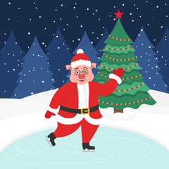 Happy new year and merry Christmas. Greeting card with christmas tree. Beautiful Santa-Pig skating on the winter ice-skating rink. Vector illustration.