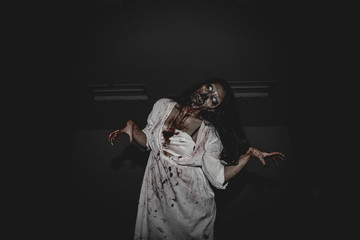 Portrait of asian woman make up ghost face with blood,Horror scene,Scary background,Halloween poster,Thailand people