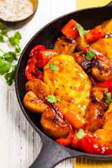 Valentines day background with Crochet Heart over wooden table. Selective focus.