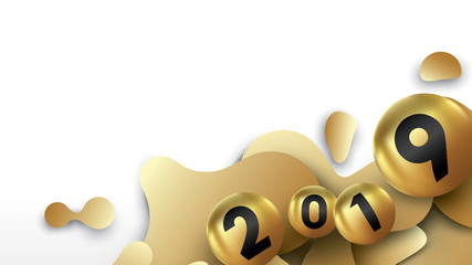 2019 Happy new year with with liquid dynamic fluid spheres and christmas balls or abstract balls or bubbles.3d sign copy space. Festive poster or banner design. Party invitation