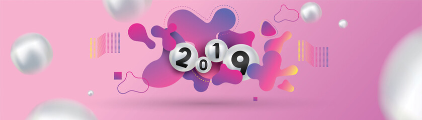 2019 Happy new year with with liquid dynamic fluid spheres and christmas balls or abstract balls or bubbles.3d sign copy space. Festive poster or banner design. Party invitation