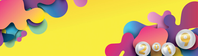 2019 Happy new year with with liquid dynamic fluid spheres and christmas balls or abstract balls or bubbles.3d sign copy space. Festive poster or banner design. Party invitation