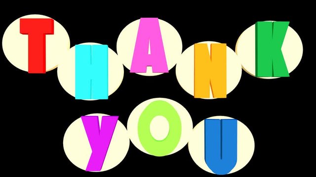 Thank you outro with multicolored letters and white rotating circles on black background, fullHD video