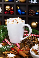 Christmas and New Year Background with Hot Cocoa with Marshmallows. Selective focus.