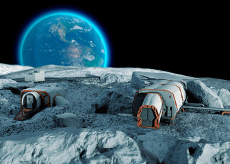 Fototapeta premium Base lunare, avamposto spaziale. Primo insediamento sulla luna. Missioni spaziali. Moduli abitativi per la conquista dello spazio. 3d rendering. La terra vista dalla luna